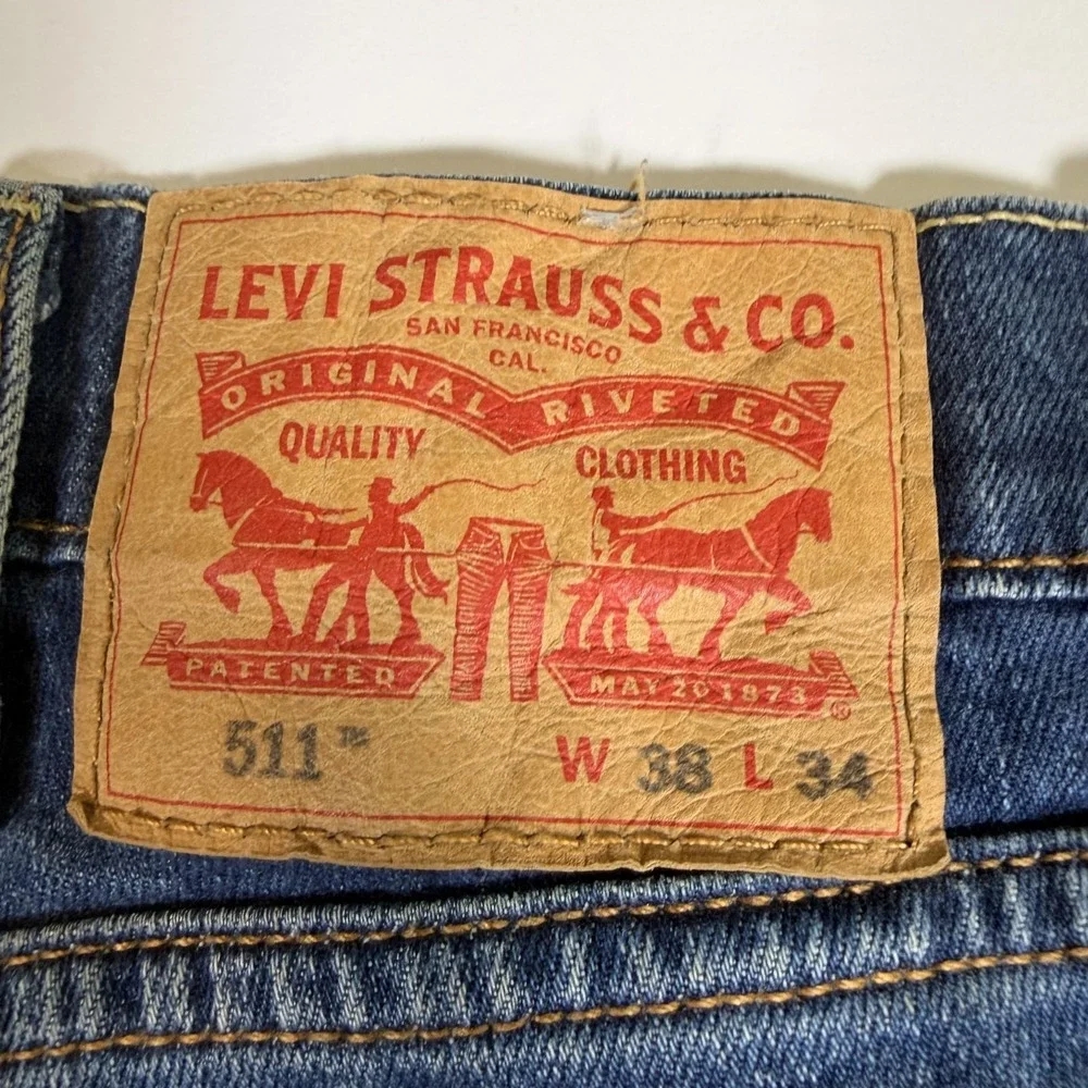 Levi's 511 Jeans Mens 38x34 Blue Denim Whiskered Stretch Distressed Straight Leg